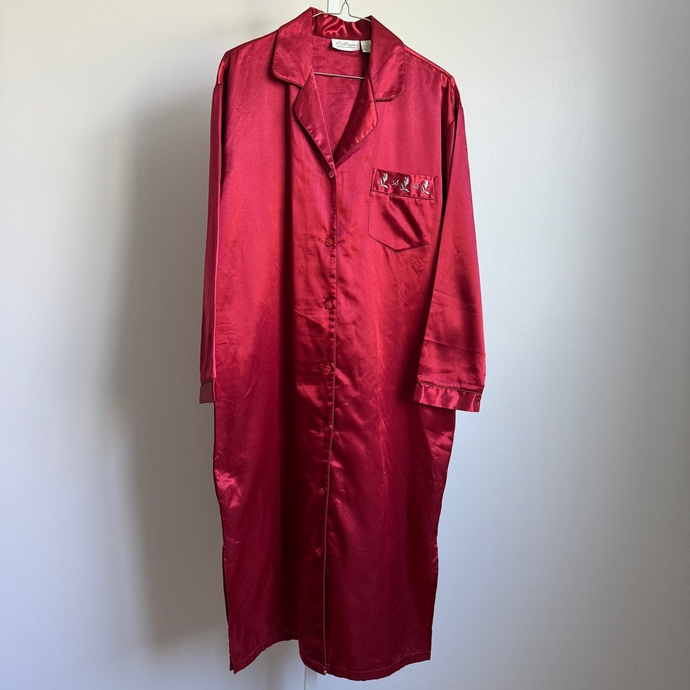 Kathryn sz S Red Satin Long Nightgown Robe Embroidered Pocket‎ Luxury